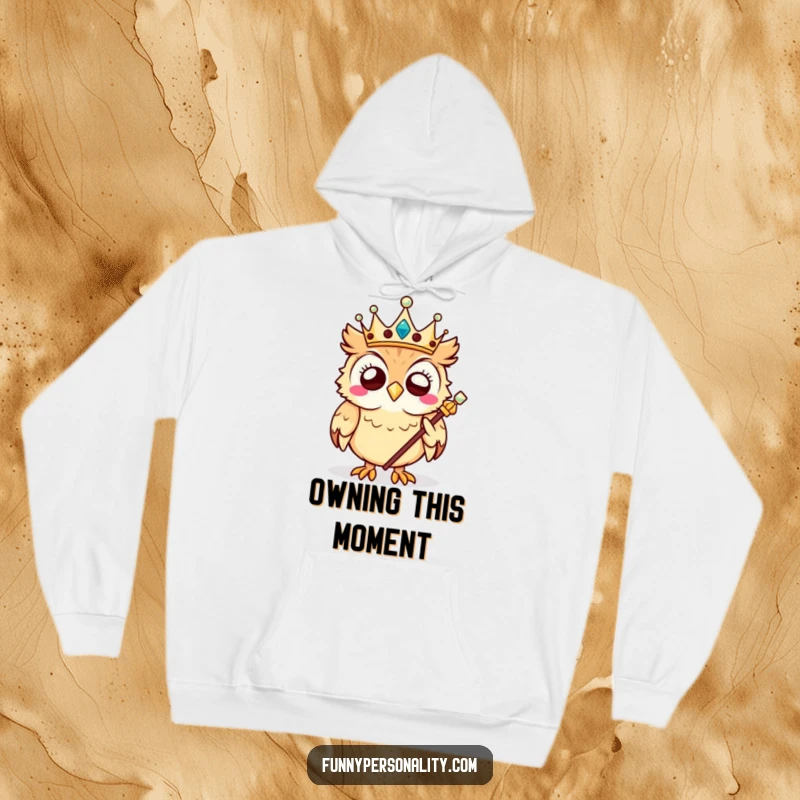 Funny owl hoodie featuring a giggling owl king with a crown and scepter, ideal for cozy wisdom and humor.