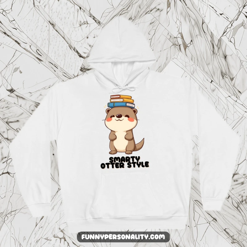 Funny hoodie showcasing a cheerful otter character expertly balancing a large stack of books on its head, ideal for readers.