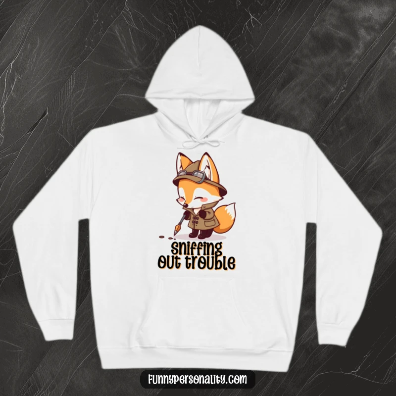 Funny detective fox in trench coat sniffing, a cozy and humorous hoodie for mystery fans.