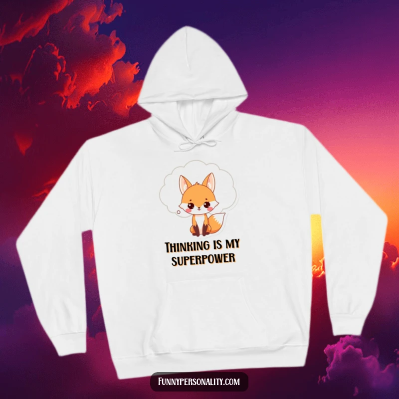 Funny Fox Hoodie: A warm, cozy hoodie featuring a cute fox with a huge thought bubble, conveying amusing contemplation. Great gift.