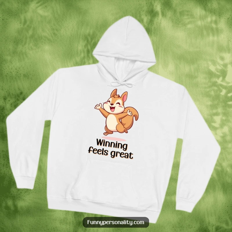 Cozy energetic squirrel hoodie featuring a squirrel character in a triumphant leap, perfect for comfort and motivation.