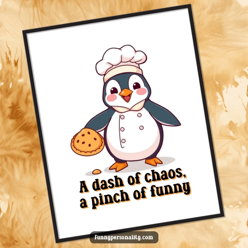 Funny Free Printable Wall Art: A clumsy penguin chef in uniform drops a pie, creating a hilarious kitchen scene. Art.