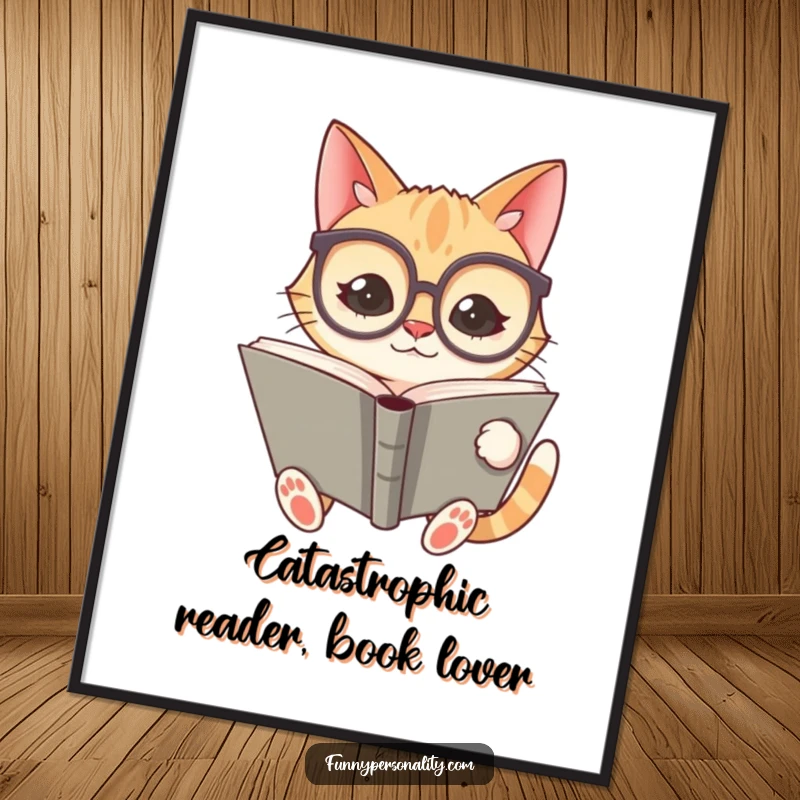 Funny Free Printable Wall Art of a silly cat character wearing oversized spectacles, reading a giant book with great concentration.