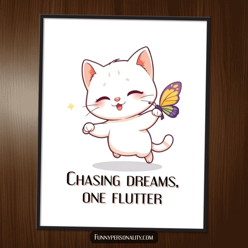 Funny Free Printable Wall Art: A joyful cat playfully chases a sparkling butterfly, creating a dynamic and whimsical piece for your walls.