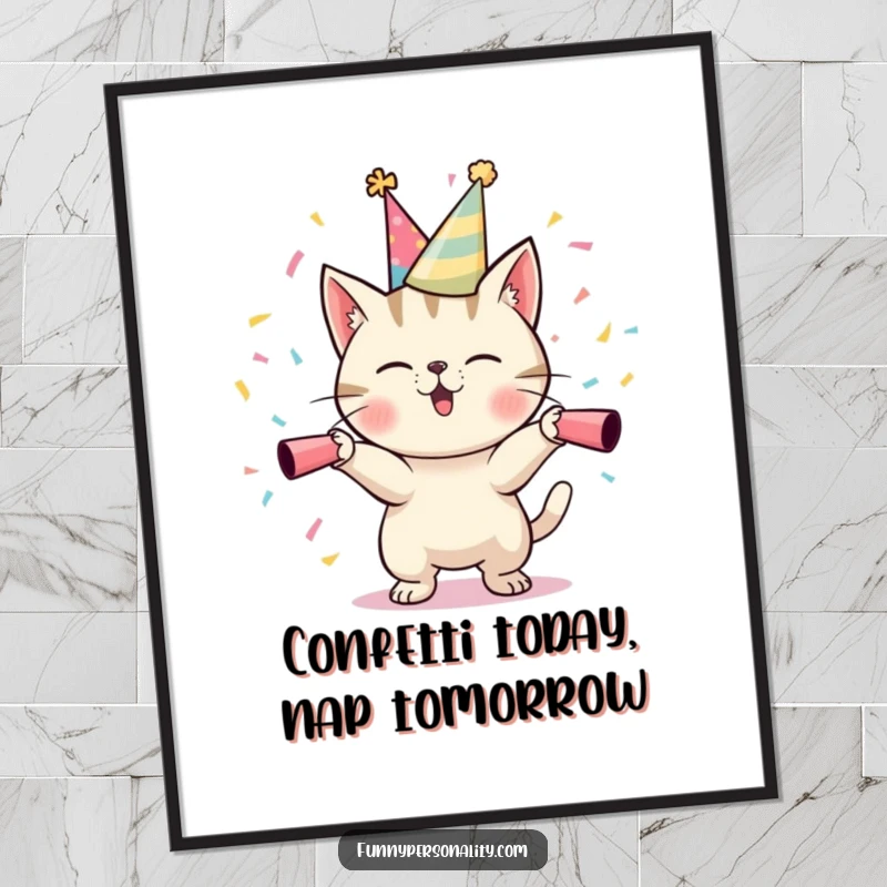 Funny Free Printable Wall Art: A mischievous cat wearing a party hat, enthusiastically launching confetti cannons.
