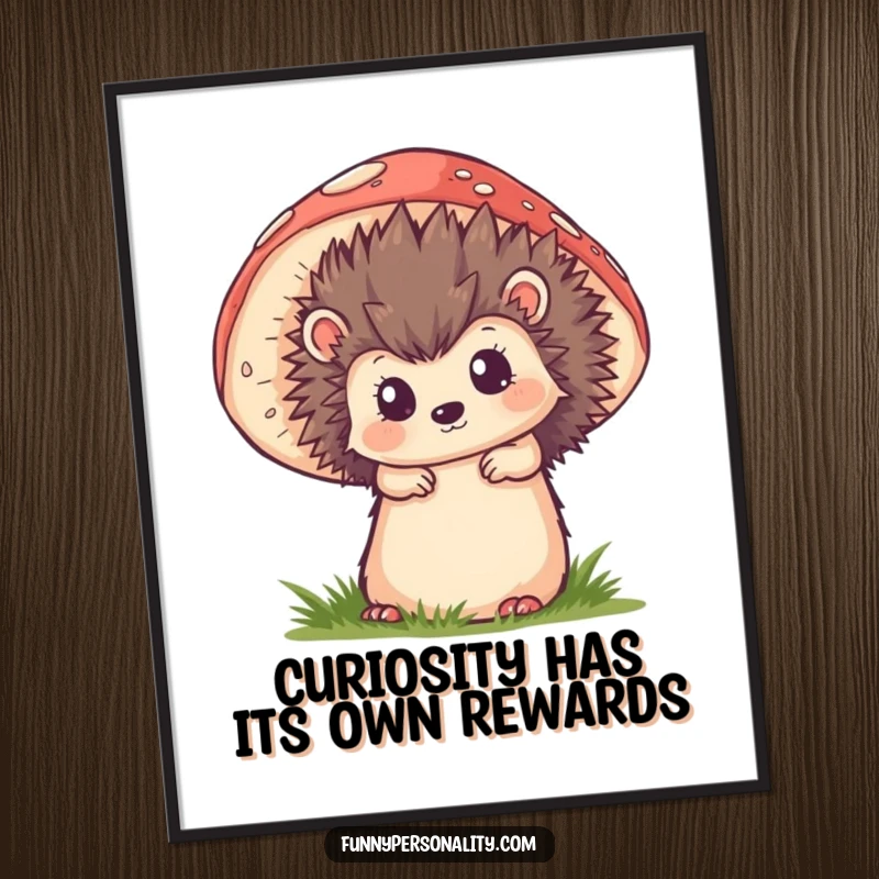 Funny Free Printable Wall Art: A cute, curious hedgehog peeking out from behind a large, colorful mushroom, inviting discovery.