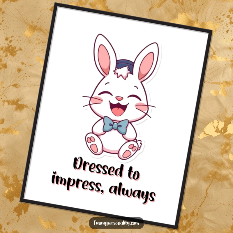 Funny Free Printable Wall Art: A stylish bunny wearing a hat and bow tie, caught in a moment of hearty, joyous laughter.