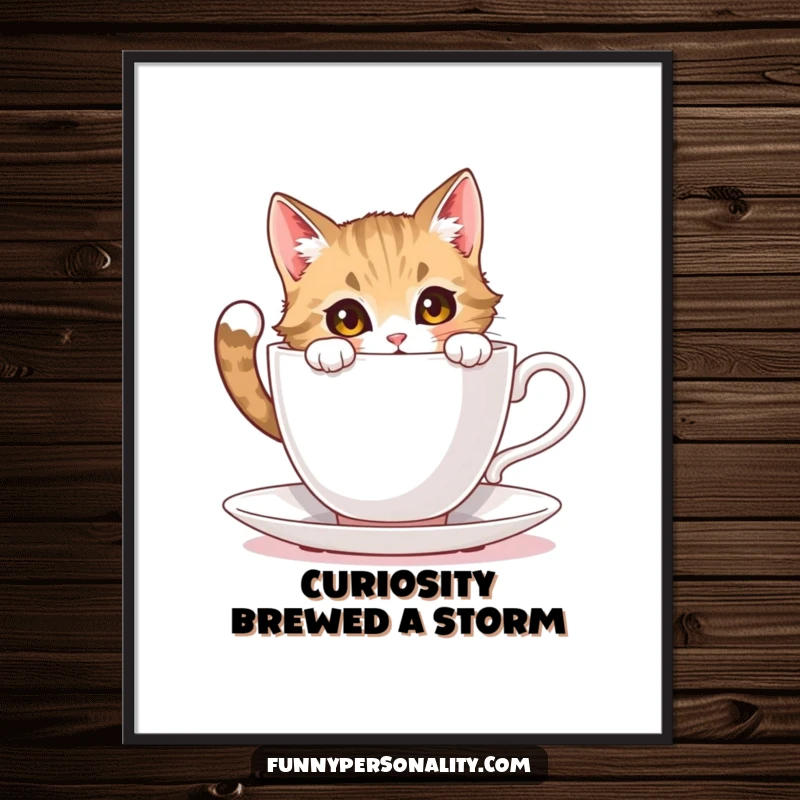 Funny free printable wall art of a curious cat character peering into an oversized teacup, capturing a moment of wonder and amusement.