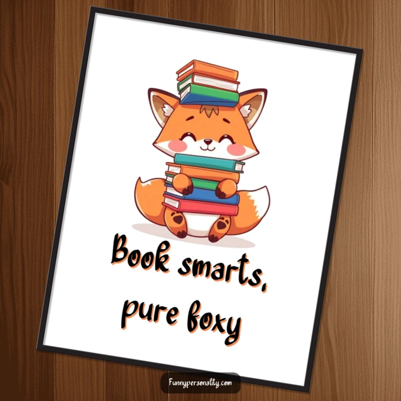 Funny free printable wall art depicting a playful fox attempting to balance a precarious stack of books on its head with focus.