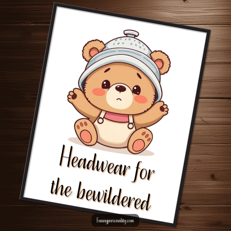 Funny Free Printable Wall Art: A clumsy bear cub wears a colander hat, looking confused, creating humorous downloadable art.