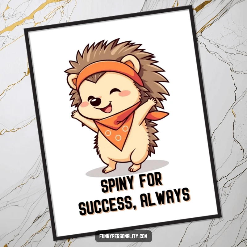 Funny Free Printable Wall Art: A cheerful hedgehog in a bandana precariously balances in a handstand, downloadable art.