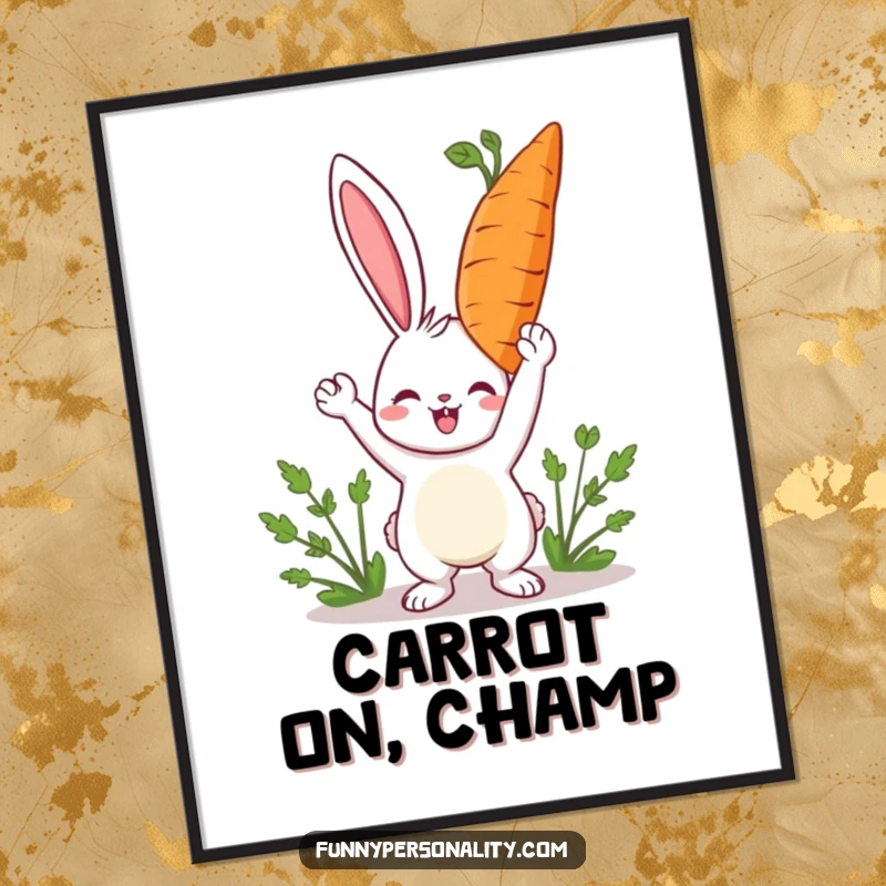 Funny Free Printable Wall Art: A joyful rabbit holds up a comically large carrot with pride. Whimsical decor.