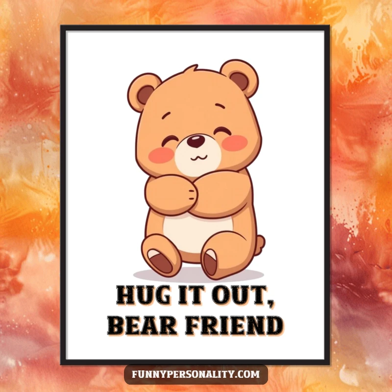 Funny Free Printable Wall Art of a happy bear character giving a huge, loving hug, radiating warmth and friendship.
