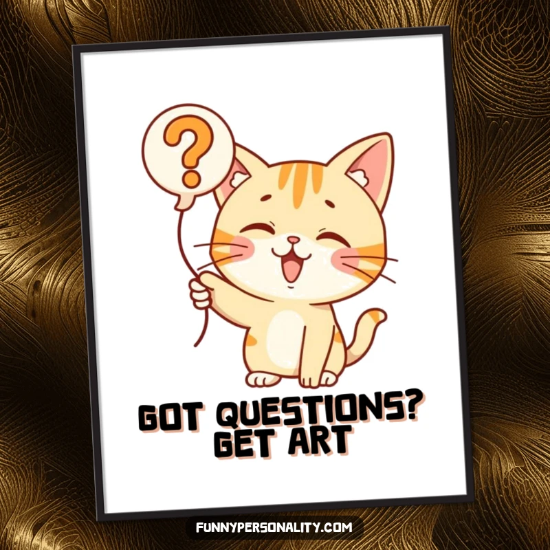 Funny Free Printable Wall Art: A curious cat pointing with great enthusiasm at a large, floating question mark balloon.