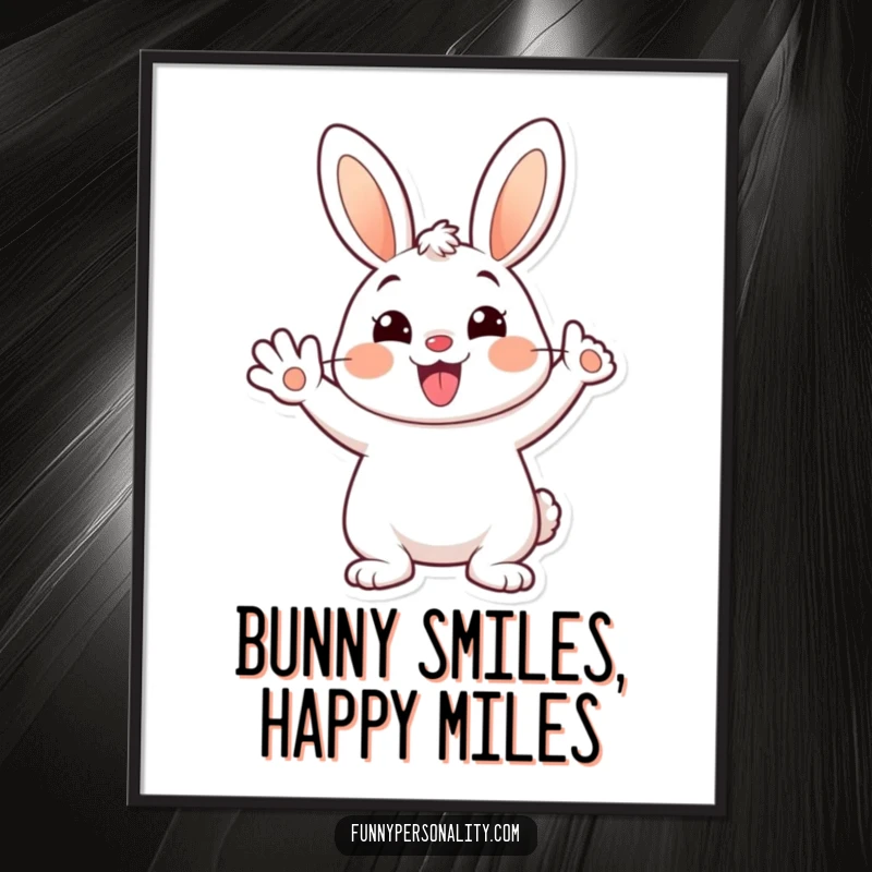 Funny Free Printable Wall Art: An ecstatically happy bunny with a broad smile waves energetically, radiating positivity and cheer.