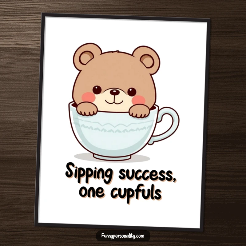 Funny Free Printable Wall Art: A curious bear with a gentle smile peeks from a huge teacup, creating adorable, whimsical decor.