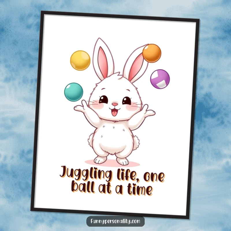 Funny Free Printable Wall Art: Adorable fluffy bunny energetically juggles bright balls, adding a touch of playful charm to your decor.
