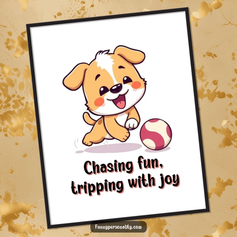 Funny Free Printable Wall Art of a playful dog character comically tripping while chasing a bouncing ball, full of energy.