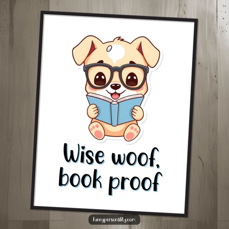 Funny Free Printable Wall Art: A lovable puppy sporting glasses is enthusiastically reading a book, radiating intelligence and a playful grin.