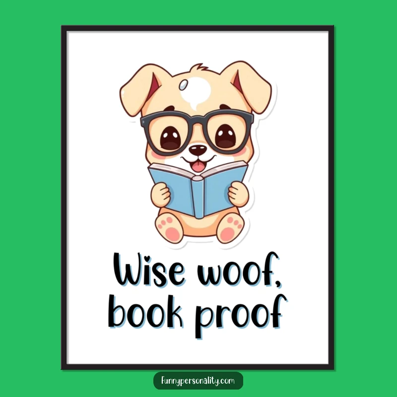 Funny Free Printable Wall Art: Puppy Reads Book with Glasses, Downloadable Decor