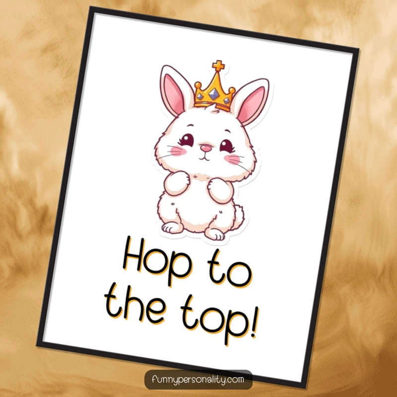 Funny Free Printable Wall Art: A fluffy bunny character wearing a tiny crown strikes an elegant, regal pose.
