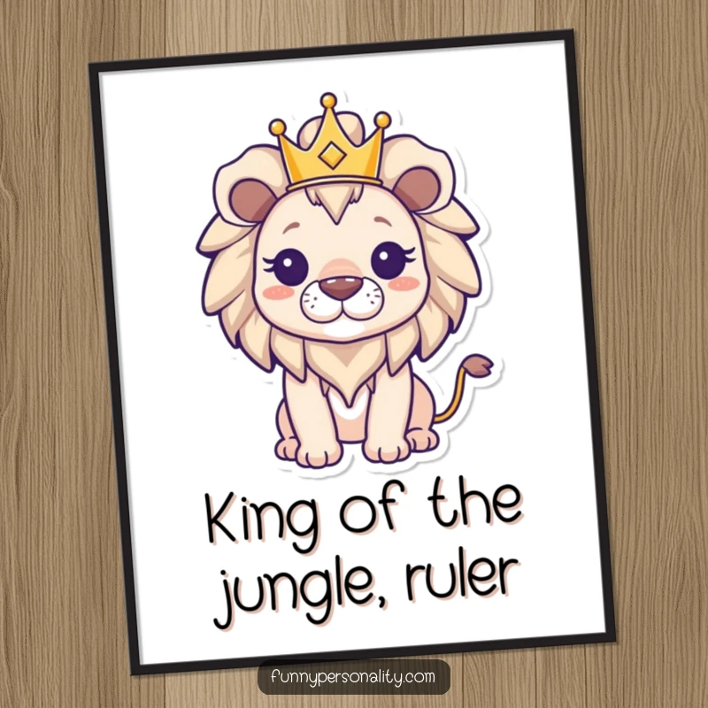 Funny Free Printable Triumphant Lion Wall Art, proud lion wearing a small crown, perfect regal and downloadable decor.
