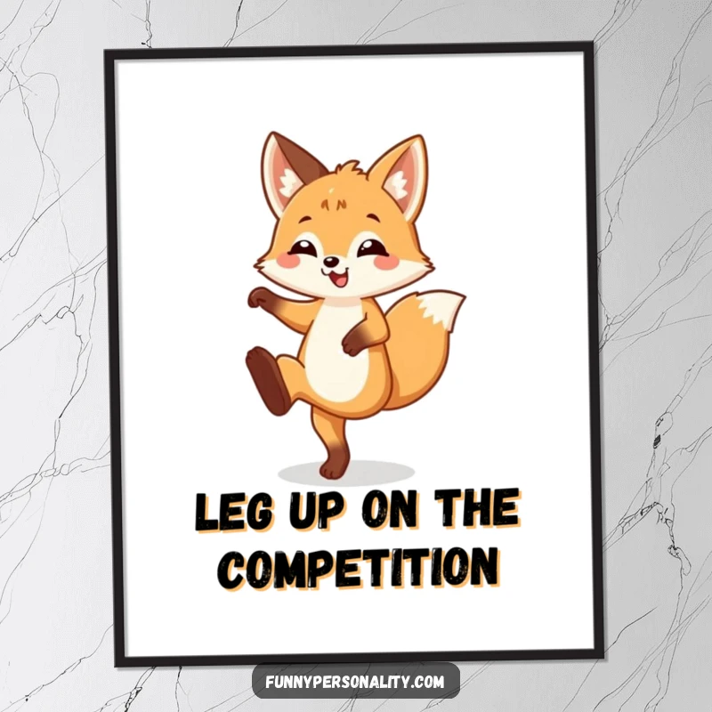 Funny Free Printable Wall Art: A happy fox cub kicks one leg high, full of energy, creating vibrant downloadable art.