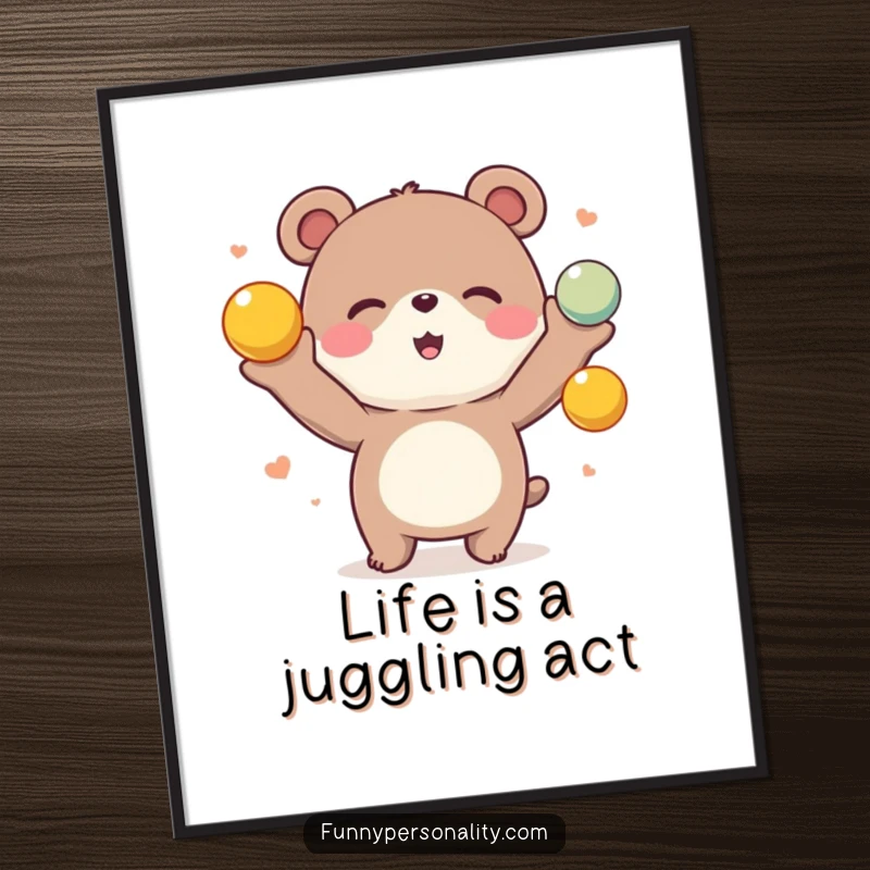 Funny Free Printable Wall Art: A cheerful bear character joyfully juggling a set of colorful balls.