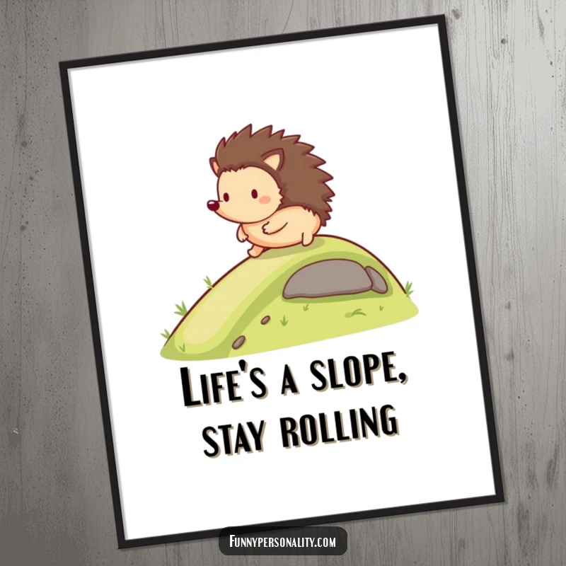 Funny Free Printable Wall Art: Happy hedgehog rolling down a slope, whimsical downloadable decor.