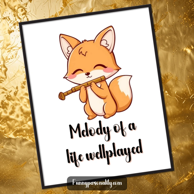 Funny Free Printable Wall Art: A cheerful fox plays a tiny flute with closed eyes, creating a serene and whimsical art piece.