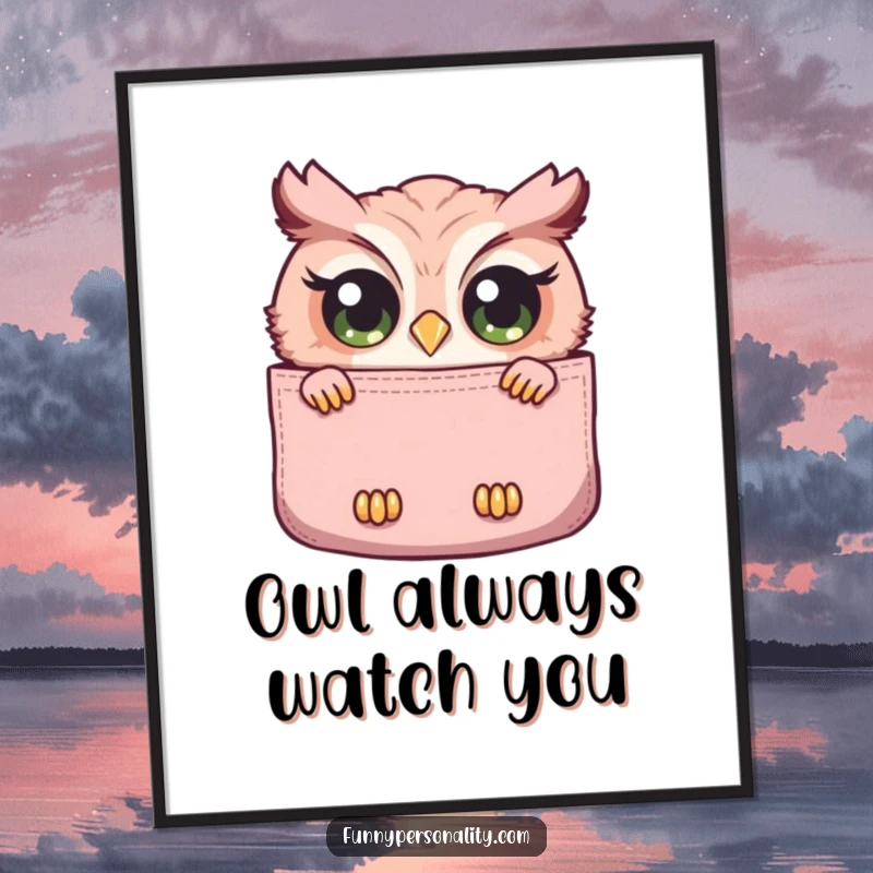 Funny free printable wall art of a curious owl character with wide eyes peeking out from a large pocket.