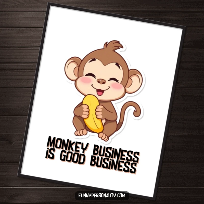 Funny Free Printable Wall Art: A cheeky monkey making a funny face while playfully holding a banana.