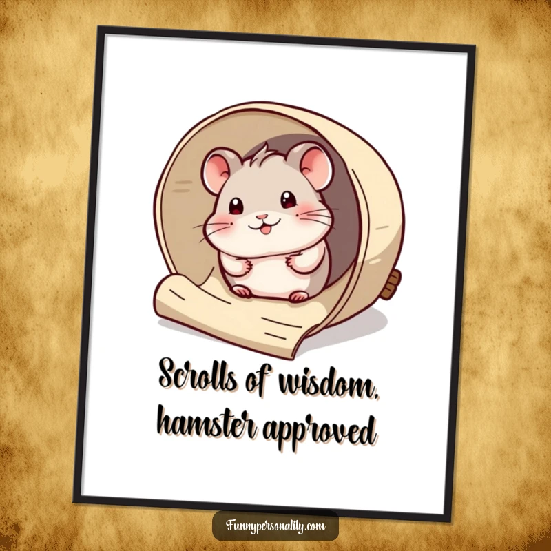 Funny Free Printable Wall Art: Curious hamster peeking from a huge scroll, quirky downloadable decor.