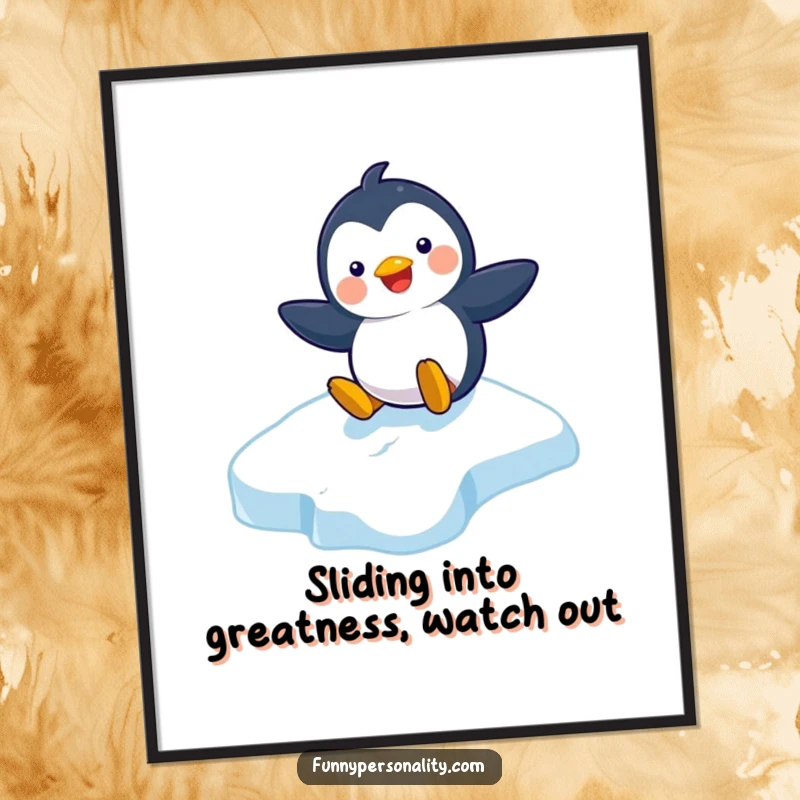 Funny Free Printable Wall Art: Playful penguin with a wide grin joyfully zipping down an icy slope.