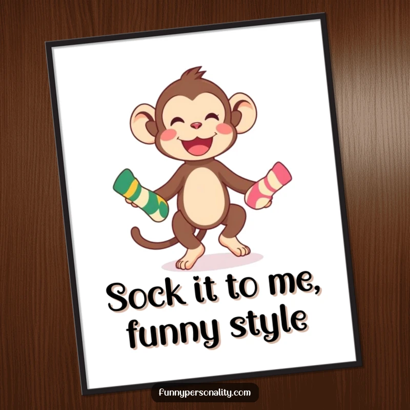 Funny Free Printable Wall Art of a playful monkey expertly juggling colorful socks, adding vibrant energy and humor to decor.