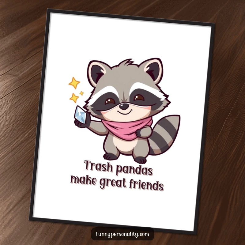Funny Free Printable Wall Art: A joyful raccoon wearing a mask, holding a shiny object, adding a touch of playful mystery to decor.