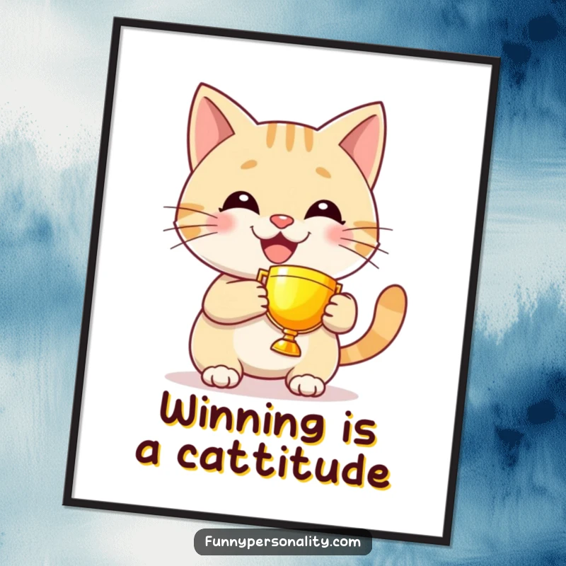Funny Free Printable Wall Art: A grinning cat proudly displays a small, illuminated trophy, celebrating a win. Quirky decor.