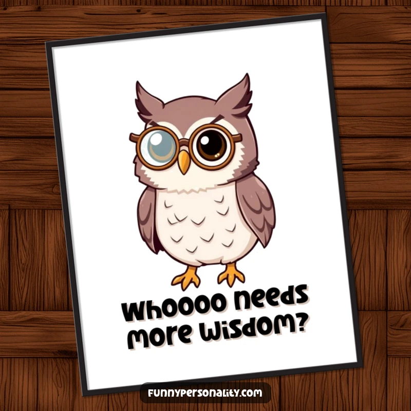 Wise free printable owl wall art, an owl wearing a monocle, looking thoughtfully into the distance.