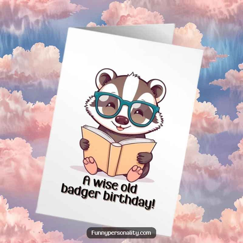 Funny Free Printable Birthday Card: A cheerful badger with glasses reads a giant book, celebrating knowledge and birthdays. Downloadable.