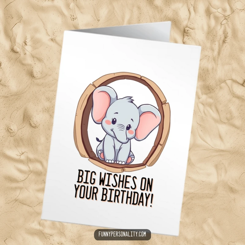 Funny Free Printable Birthday Card with a curious elephant peeking through a keyhole, adding a playful surprise to birthday wishes.