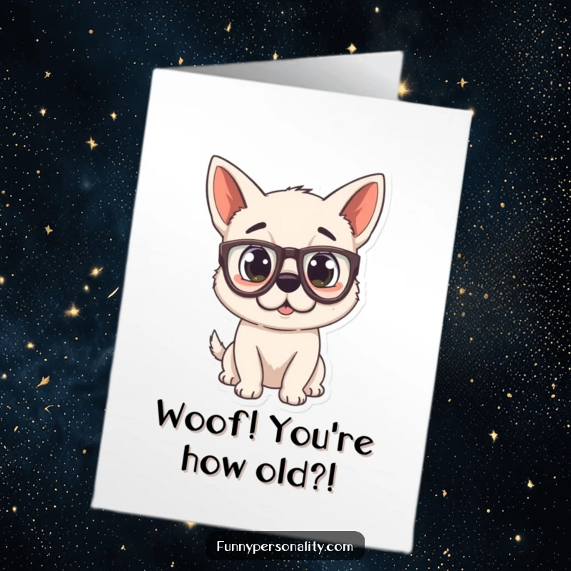 Funny Free Printable Birthday Card: Playful dog in oversized glasses looking genuinely shocked, ready to celebrate.