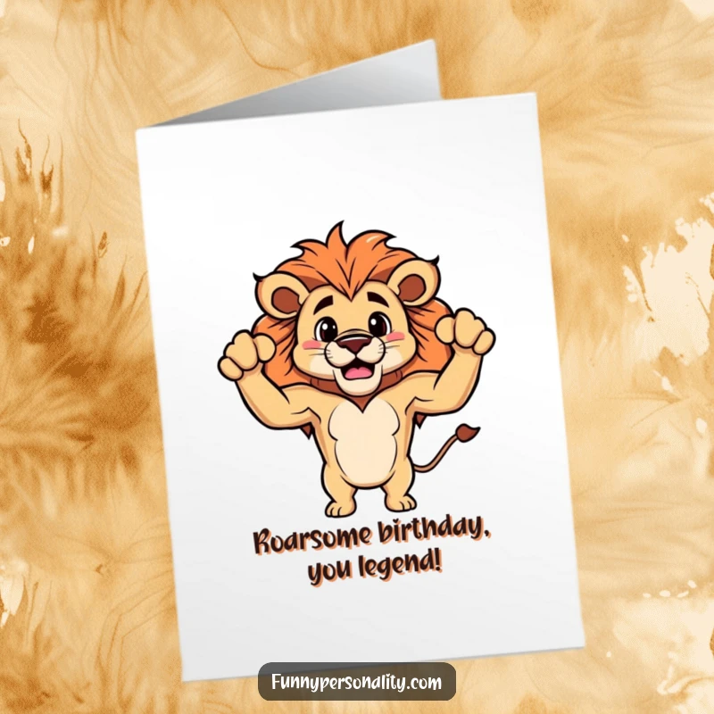 Funny Free Printable Birthday Card: Proud lion with tiny fluffy biceps flexing confidently, ready to celebrate.