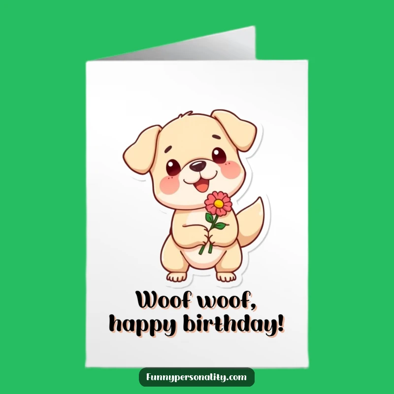 Free Printable Birthday Card: Happy Dog with Flower, Sweet Downloadable Gift for Laughs