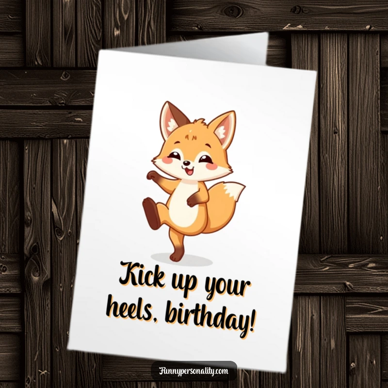 Funny Free Printable Birthday Card: A happy fox cub kicks one leg high in the air with pure birthday excitement.