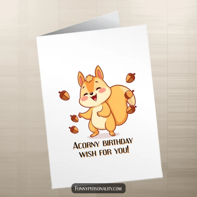 Funny Free Printable Birthday Card: A gleeful squirrel cheerfully juggling acorns, perfect for wishing someone a bountiful birthday celebration.