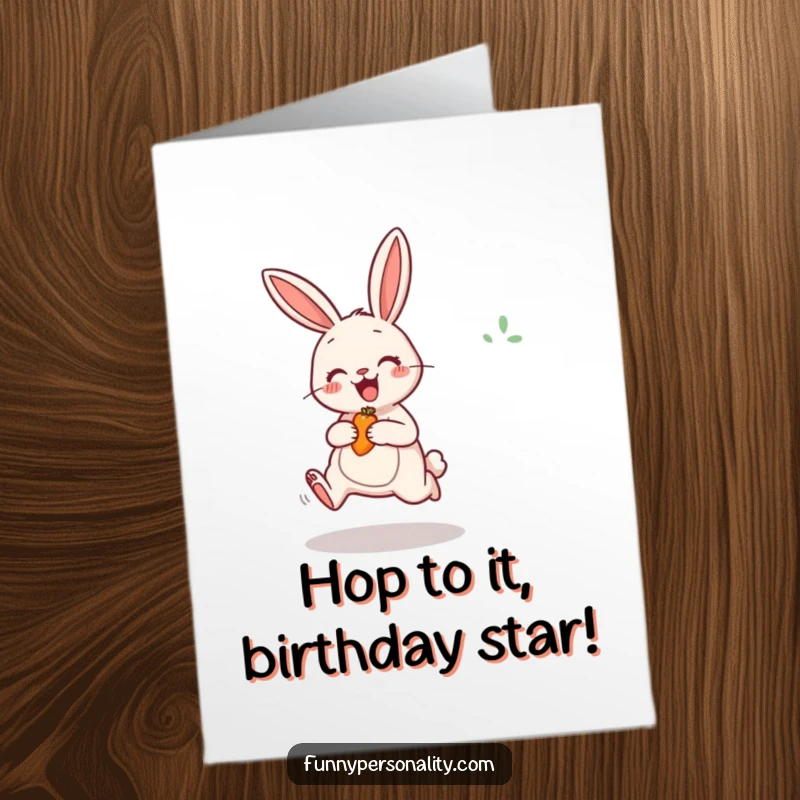 Funny Free Printable Birthday Card: A cheerful rabbit excitedly jumping high in the air for a delicious carrot.