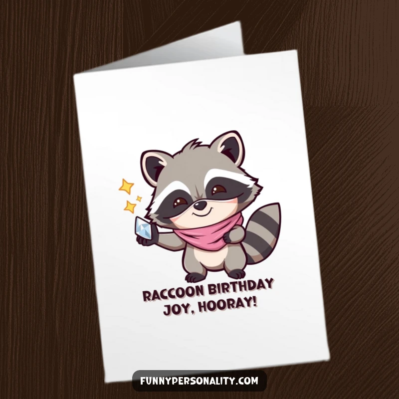 Funny Free Printable Birthday Card: Joyful raccoon in a mask holding a shiny object, celebrating a birthday with a playful, mischievous spirit.