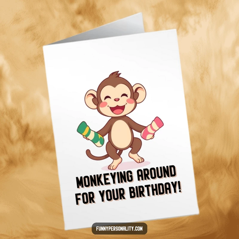 Funny Free Printable Birthday Card featuring a playful monkey character masterfully juggling three mismatched colored socks, pure birthday amusement.
