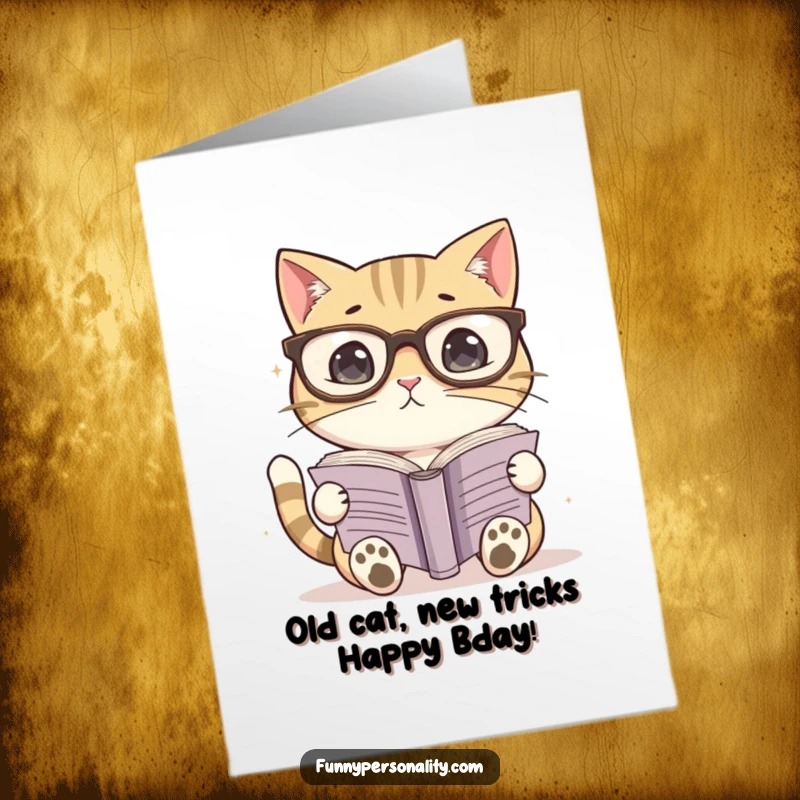 Funny Free Printable Birthday Card: A cat wearing huge glasses struggles to read a large book, looking very studious.