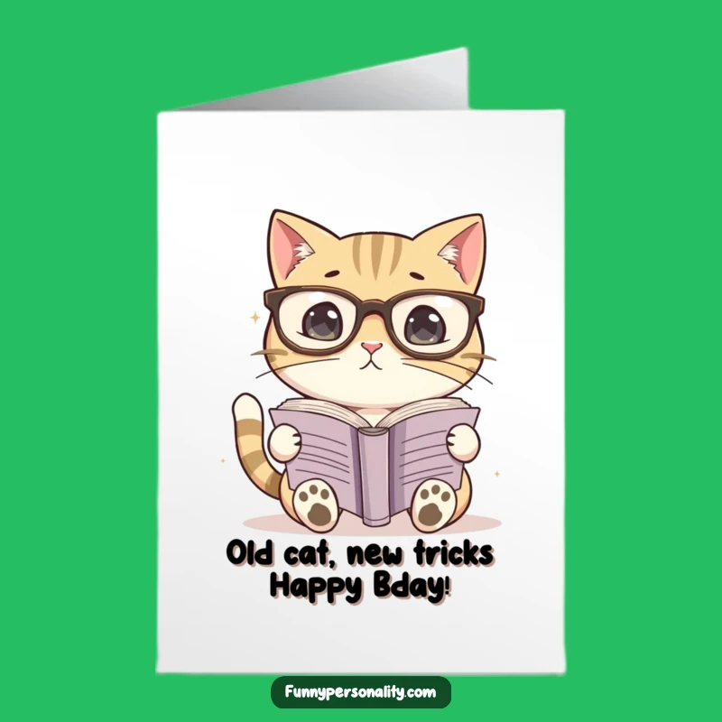 Free Printable Birthday Card: Nerdy Cat Reads Book, Funny Downloadable Gift for Bookworms